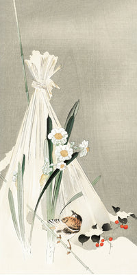 A bird with narcissus flowers and a hay bundle by Ohara Koson
