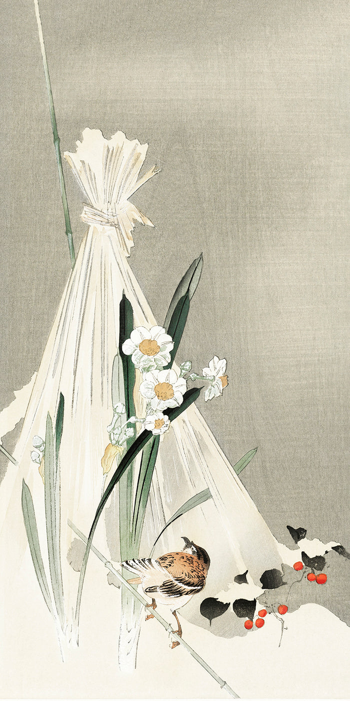 A bird with narcissus flowers and a hay bundle by Ohara Koson