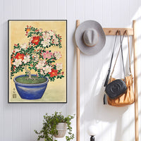 Blooming azalea in blue pot  by Ohara Koson