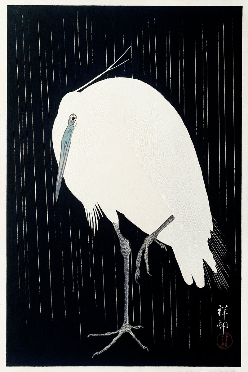 Egret in the rain by Ohara Koson