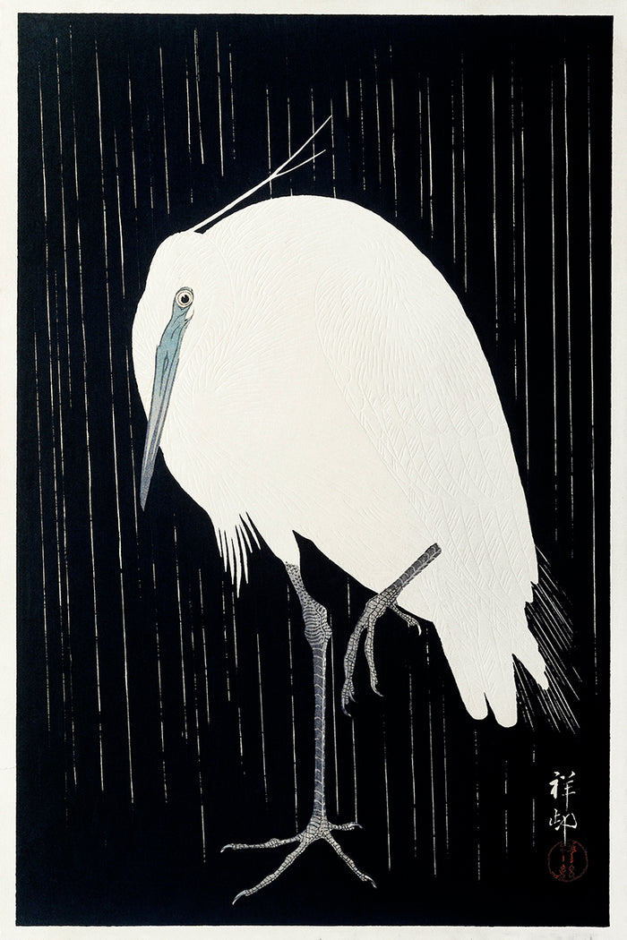 Egret in the rain by Ohara Koson