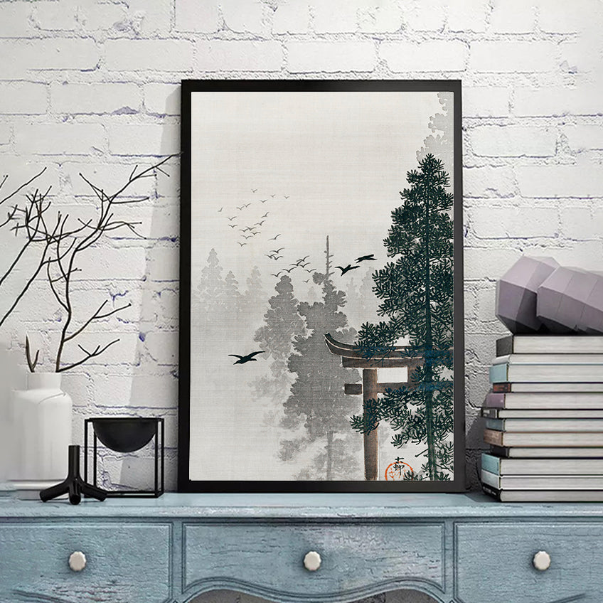 Flock of birds and a torii gate in a pine tree forest by Ohara Koson
