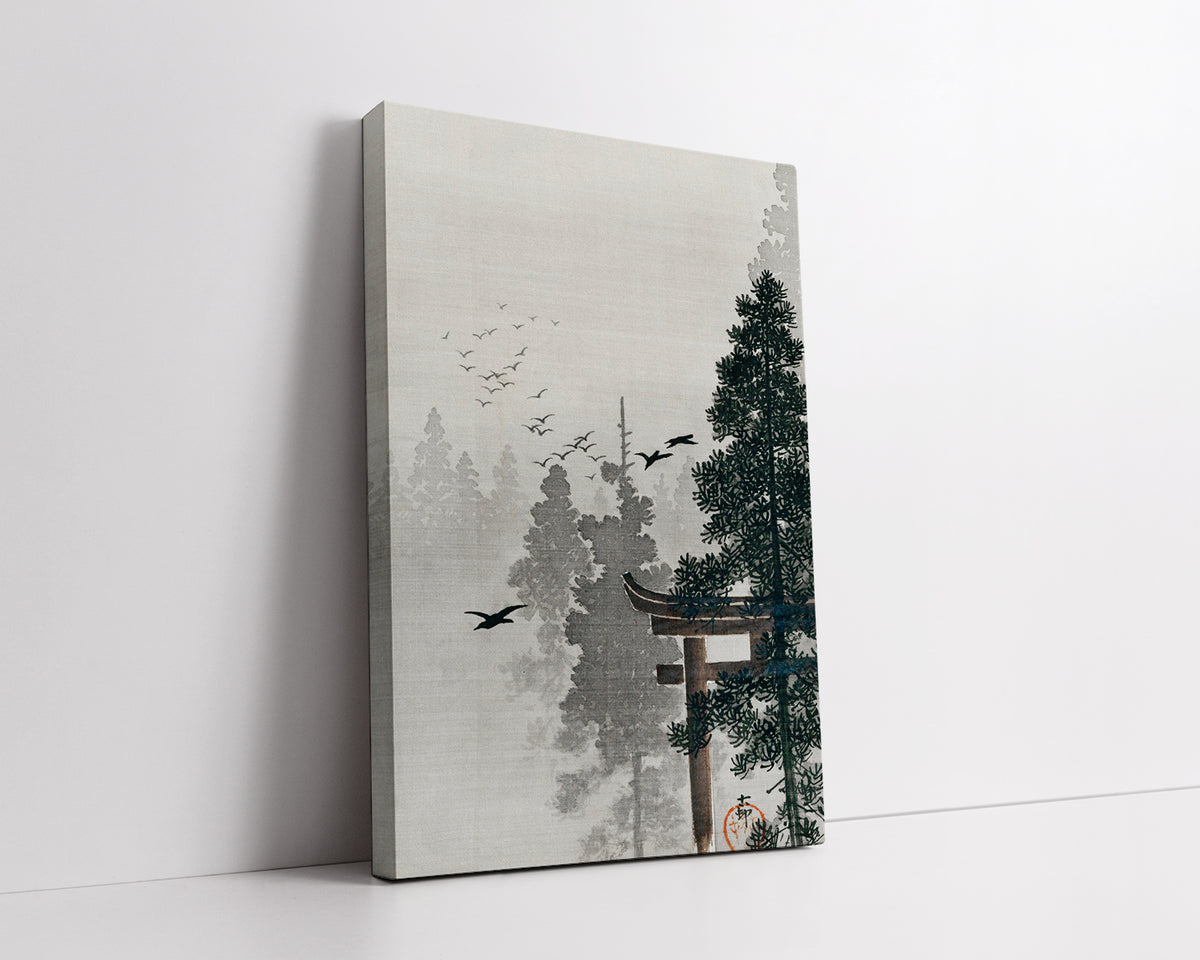 Flock of birds and a torii gate in a pine tree forest by Ohara Koson