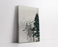 Flock of birds and a torii gate in a pine tree forest by Ohara Koson
