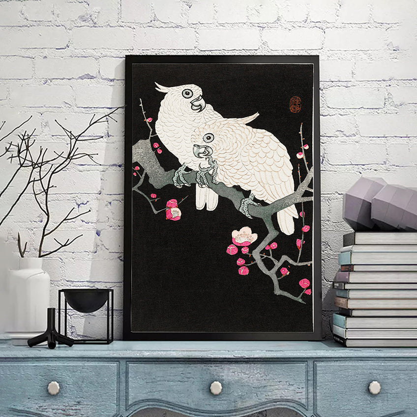 Two cockatoo and plum blossom by Ohara Koson