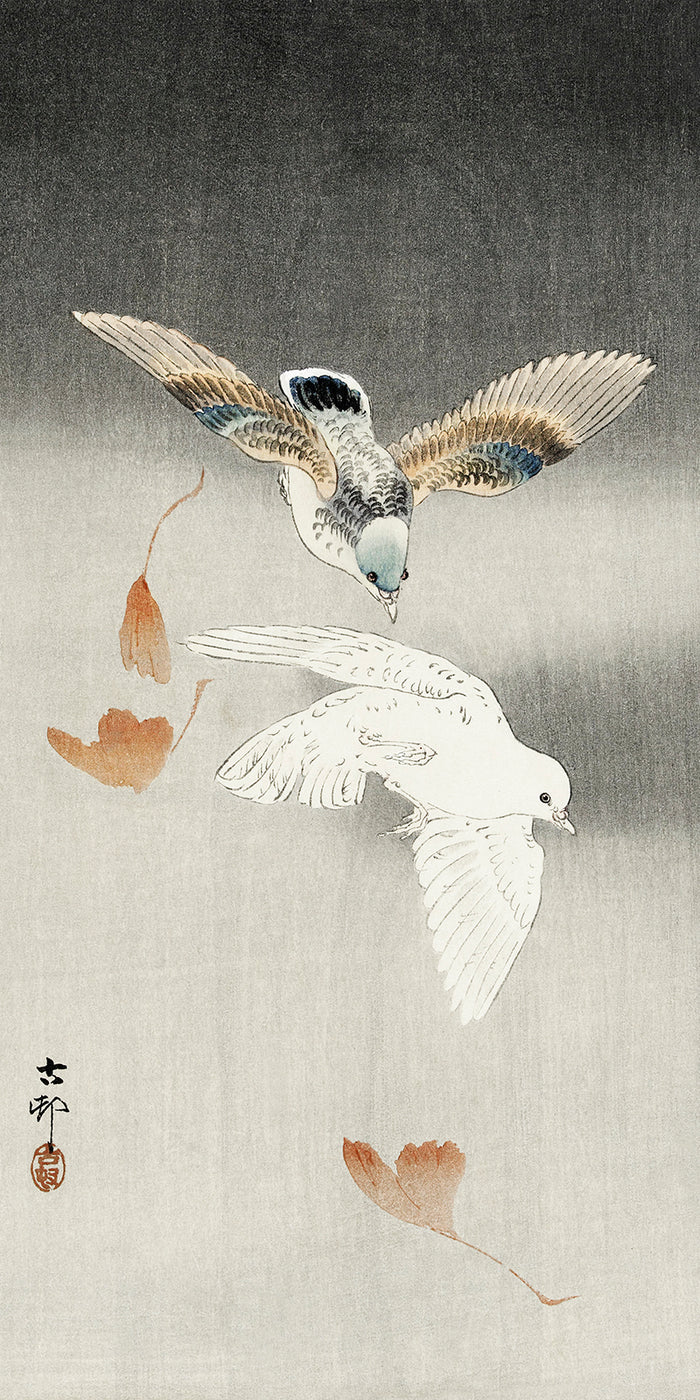 Two pigeons with falling ginkgo leaves by Ohara Koson
