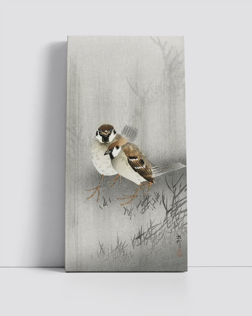 Two ring sparrows in the rain by Ohara Koson