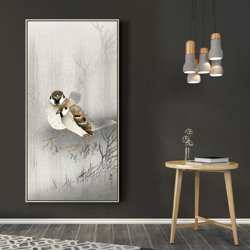 Two ring sparrows in the rain by Ohara Koson