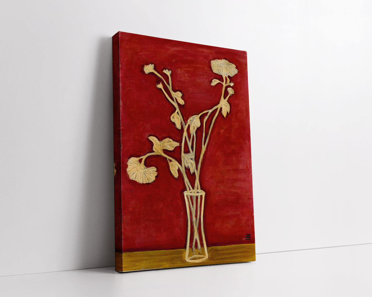 Vase de Chrysanthèmes sur une table jaune by San Yu