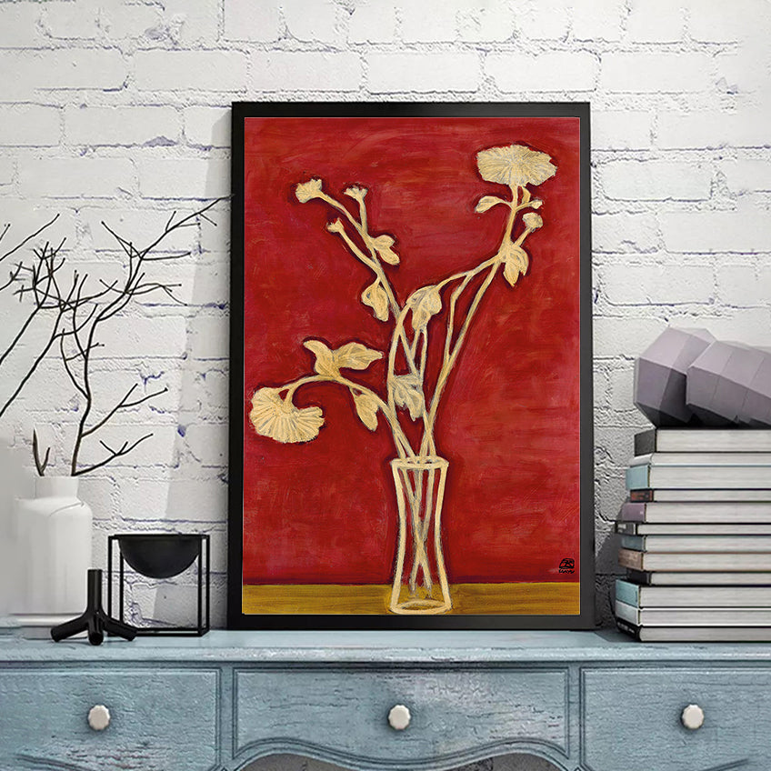 Vase de Chrysanthèmes sur une table jaune by San Yu
