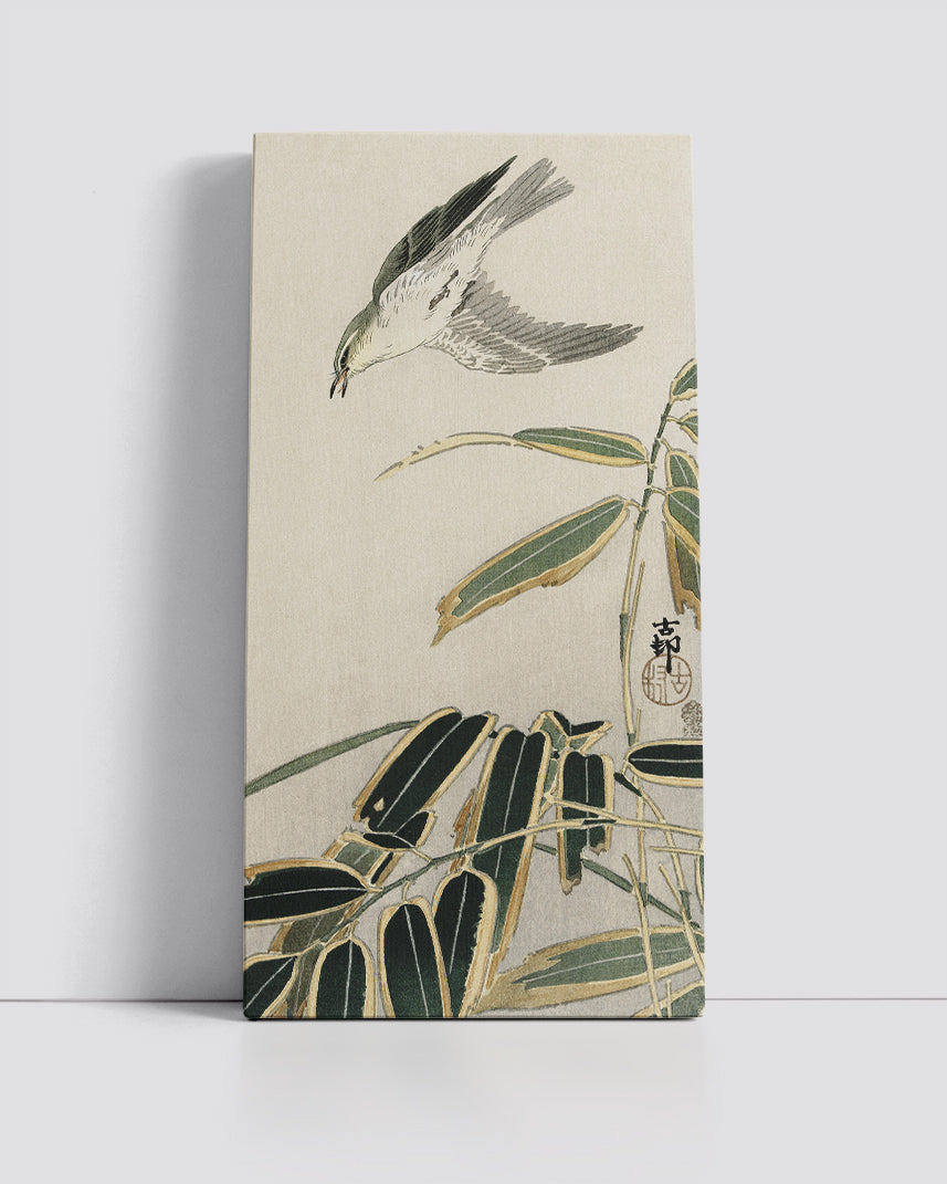Wheatear in bamboo by Ohara Koson