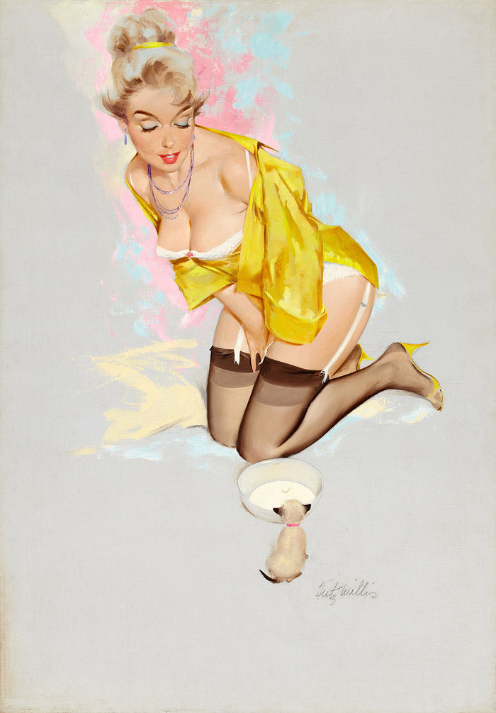 Woman Feeding Kitten Bowl of Milk by Gil Elvgren