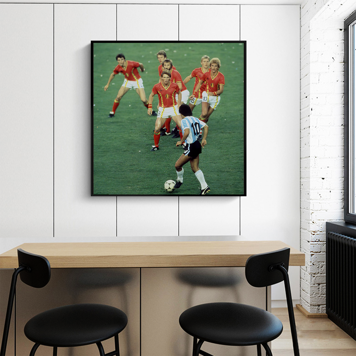 Diego Maradona taking on six Belgium players