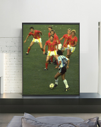 Diego Maradona taking on six Belgium players