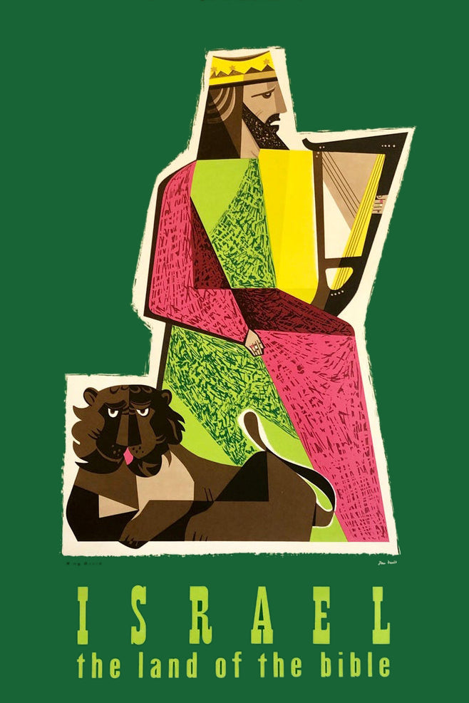 Jean David,1950s Vintage Travel Poster Israeli Tourist Center Modernist KIng David and Lion
