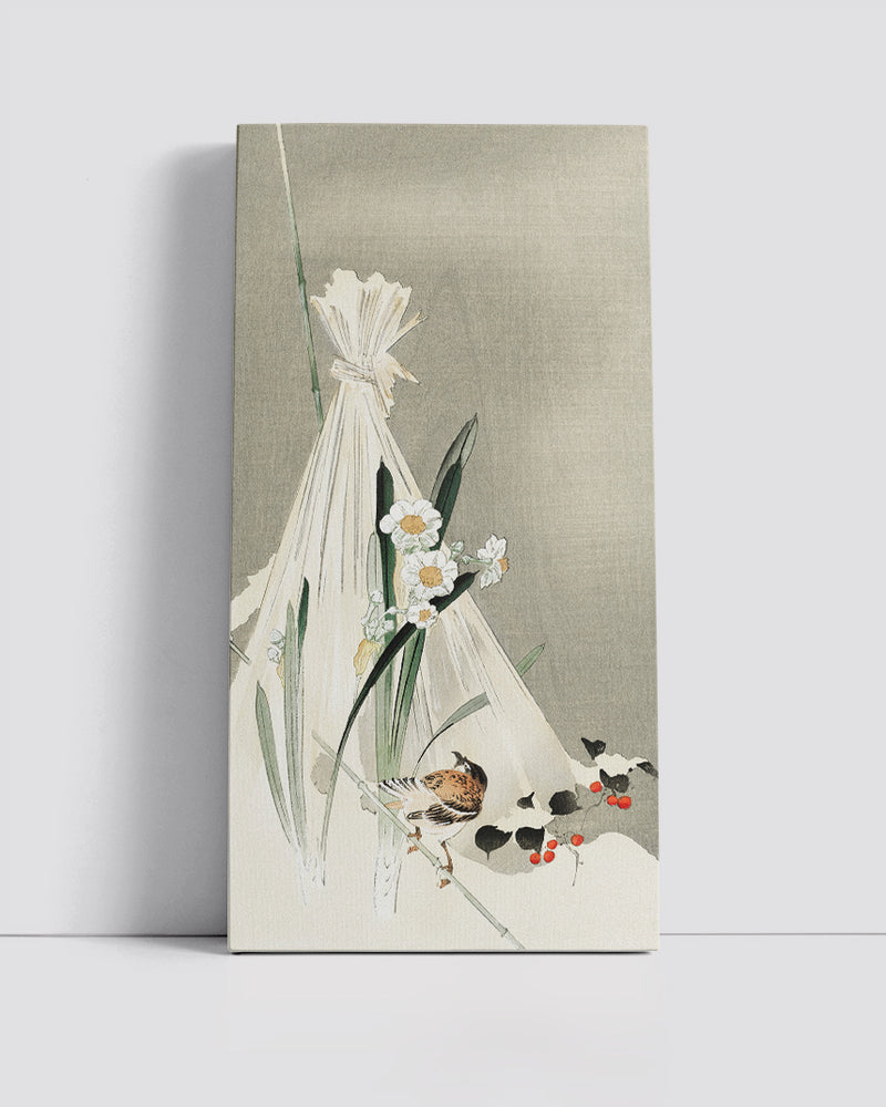 A bird with narcissus flowers and a hay bundle by Ohara Koson