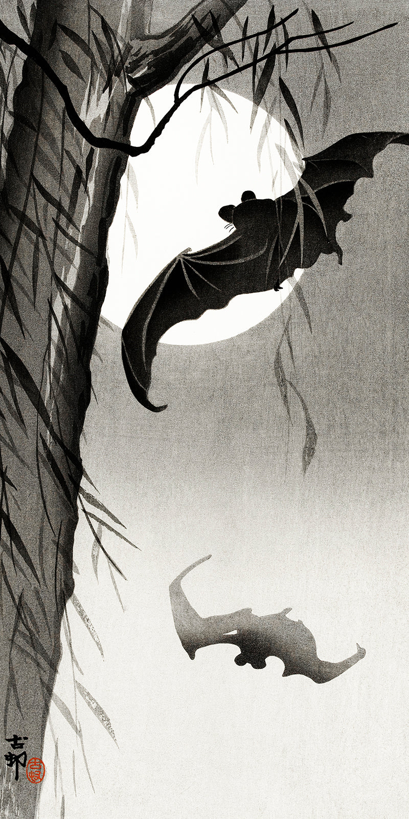 Bats under the full moon by Ohara Koson