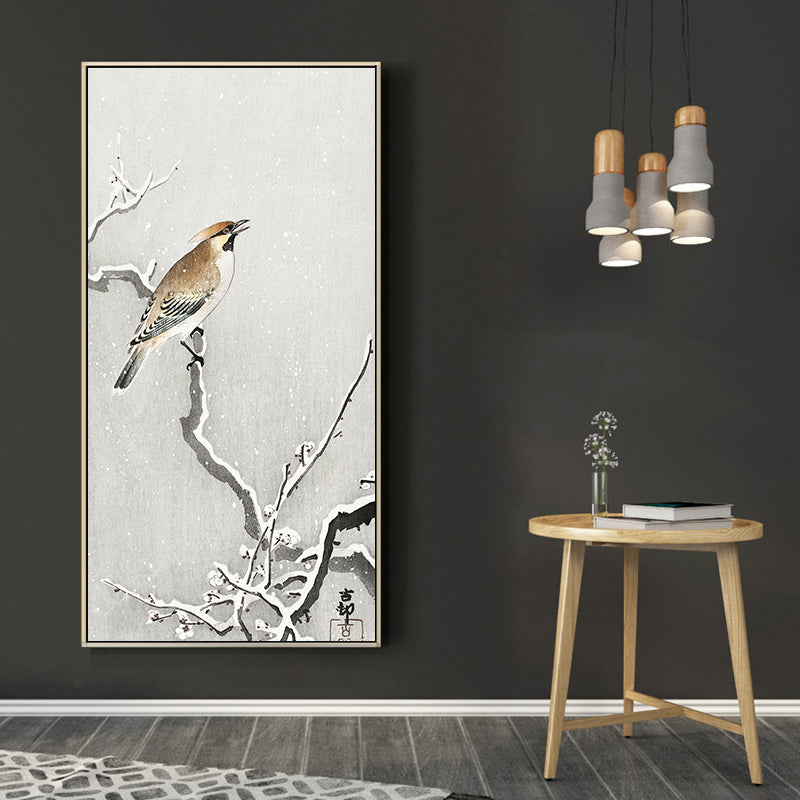 Bohemian bird on snowy branch by Ohara Koson