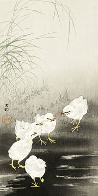 Chicks eating wormsby Ohara Koson