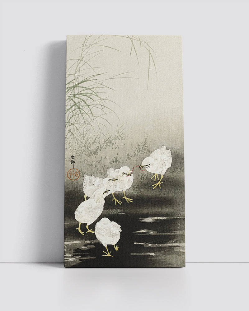 Chicks eating wormsby Ohara Koson