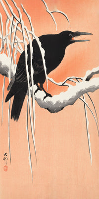 Crow on snowy branch by Ohara Koson