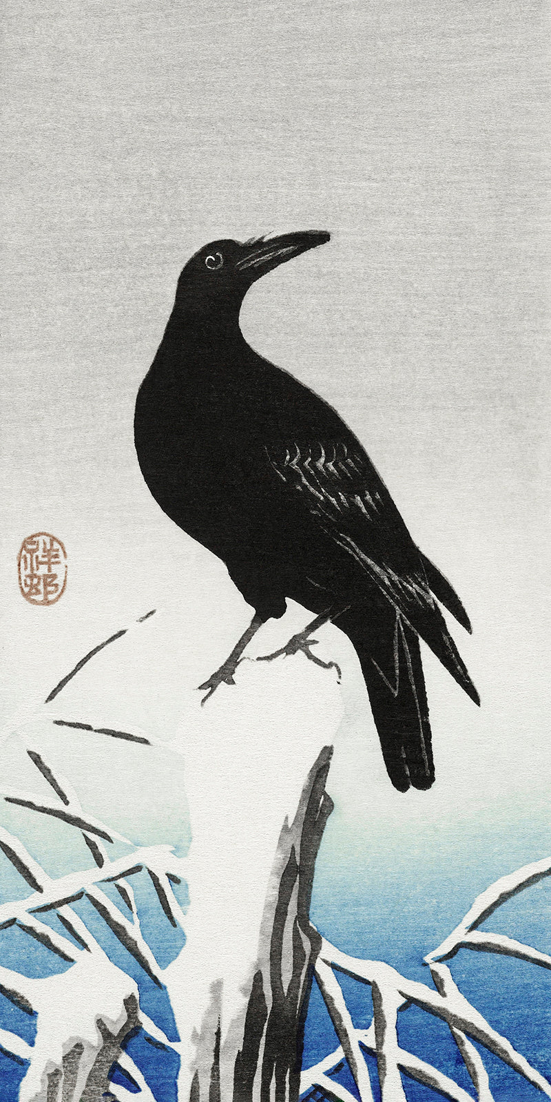 Crow on snowy pole by Ohara Koson