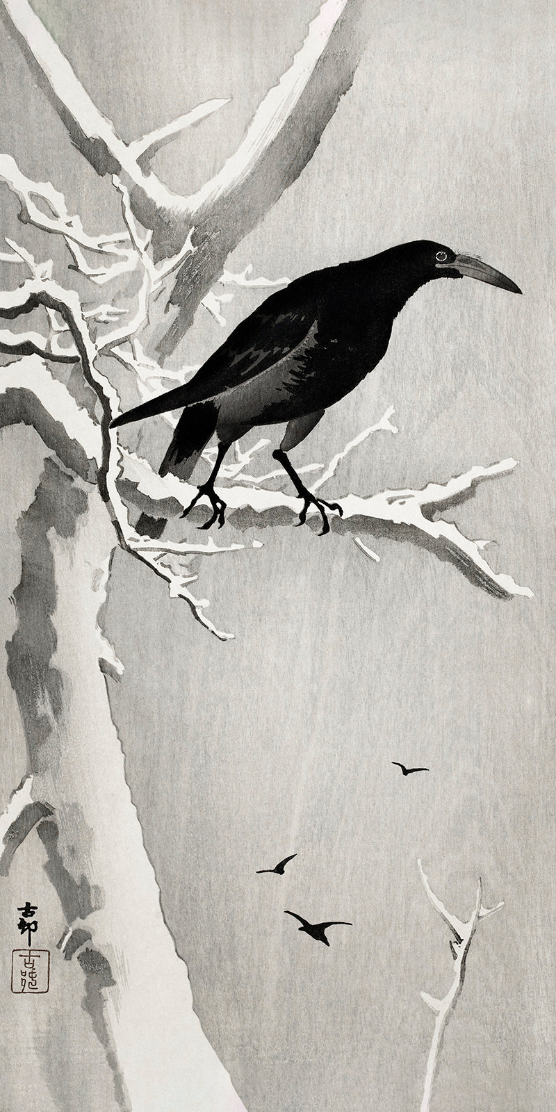 Crow on snowy tree branch by Ohara Koson