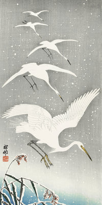 Descending egrets in snow by Ohara Koson