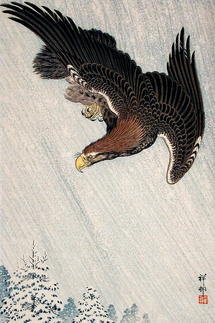 Eagle Flying in Snow  by Ohara Koson