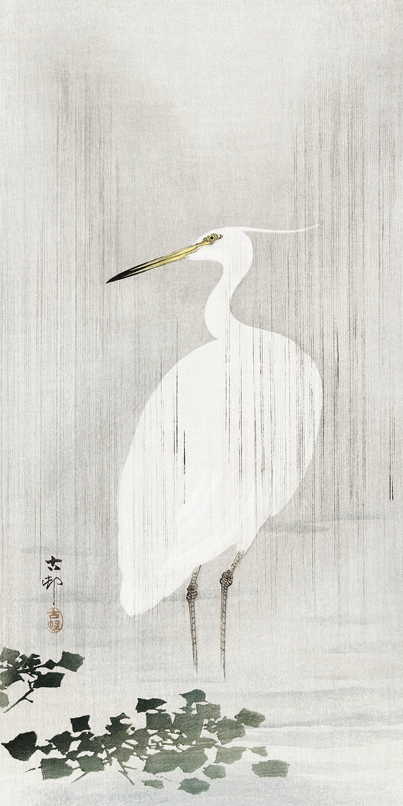 Egret in rain by Ohara Koson