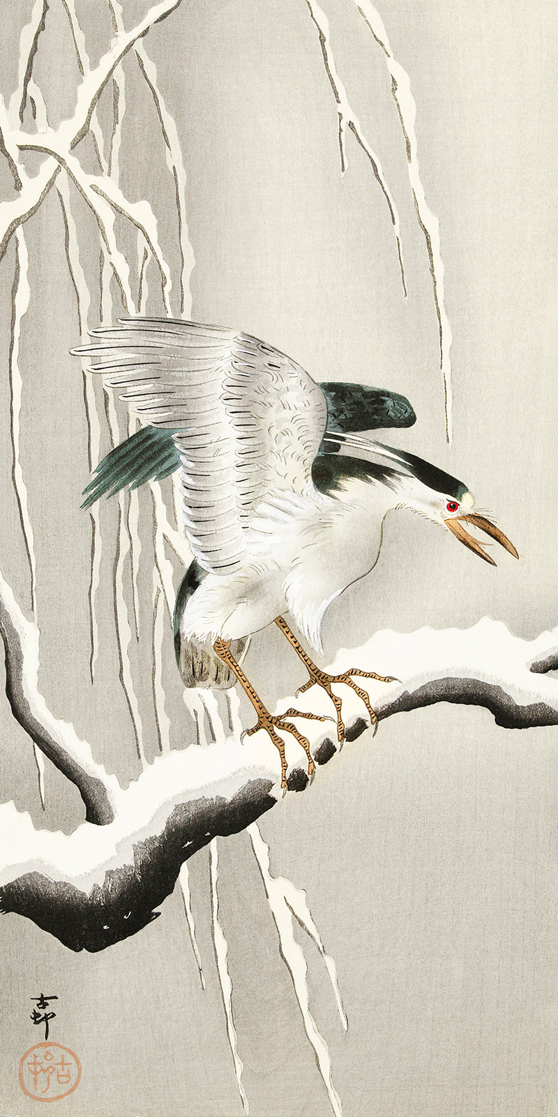 Emerge on snowy branch by Ohara Koson