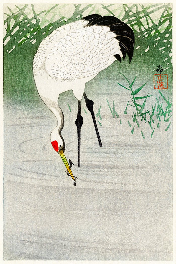 Fishing crane in shallow water by Ohara Koson