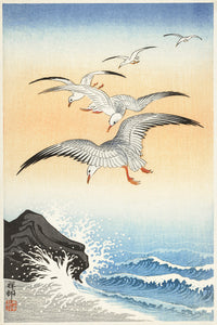 Five seagulls above turbulent sea by Ohara Koson