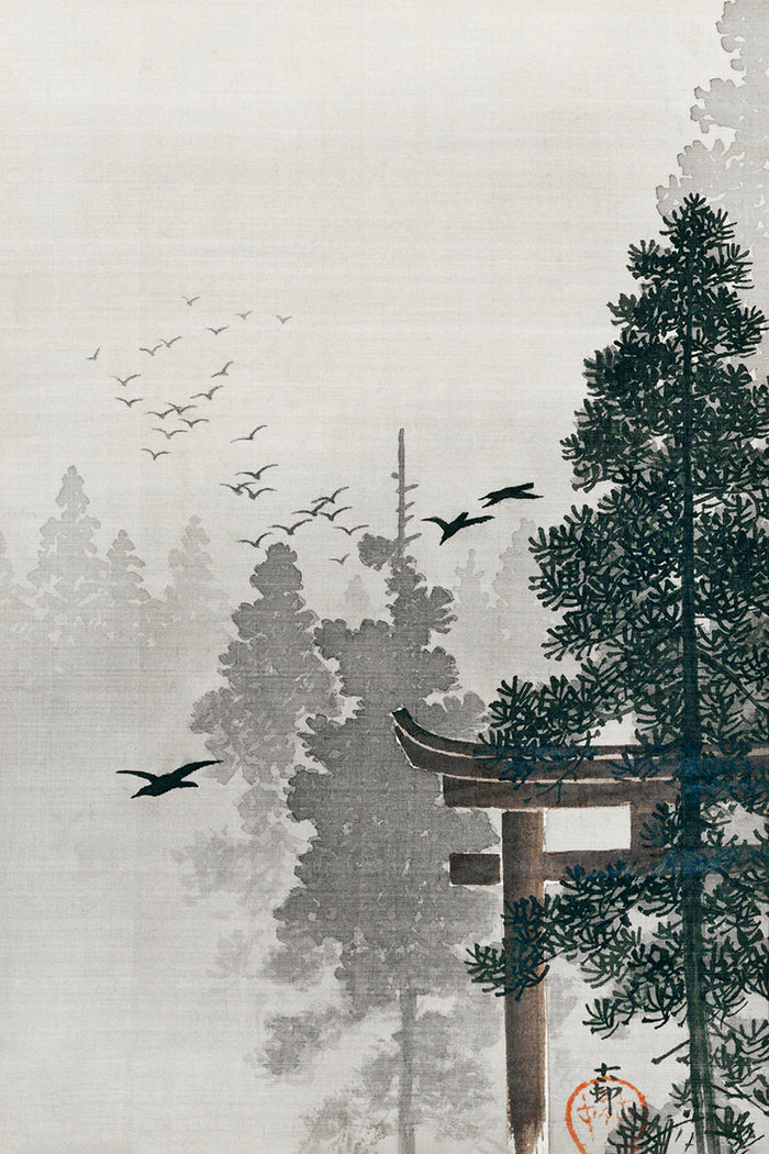 Flock of birds and a torii gate in a pine tree forest by Ohara Koson