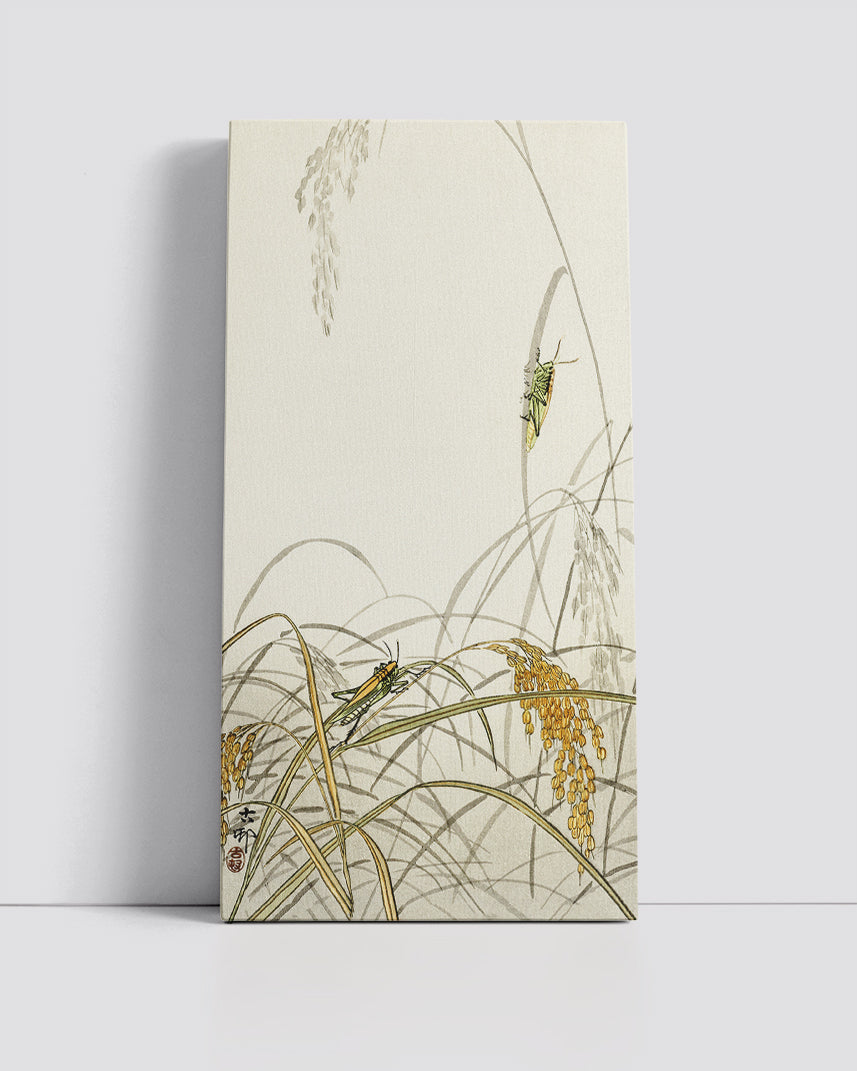 Grasshoppers on rice plants by Ohara Koson