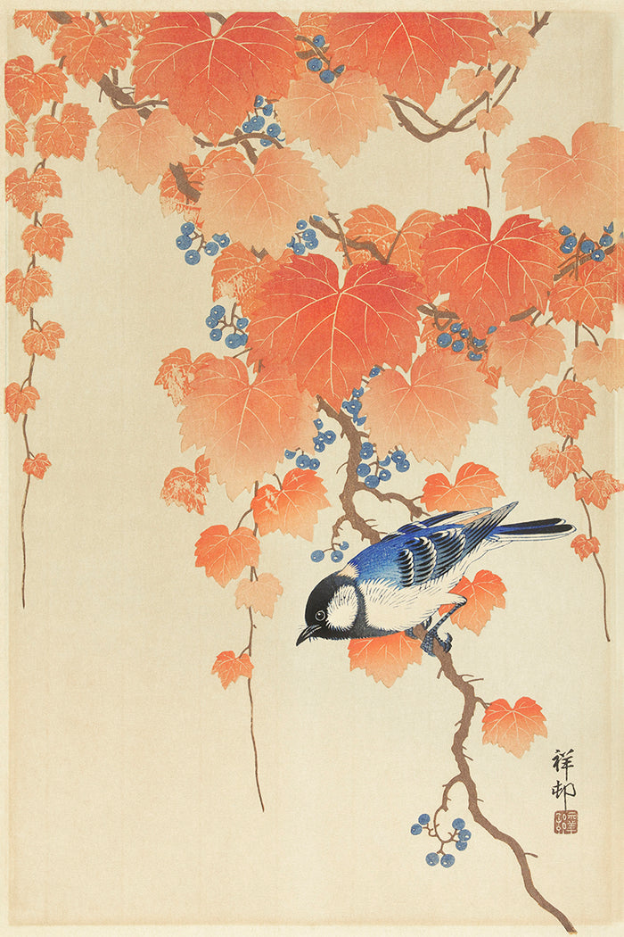 Great tit on paulownia branch by Ohara Koson