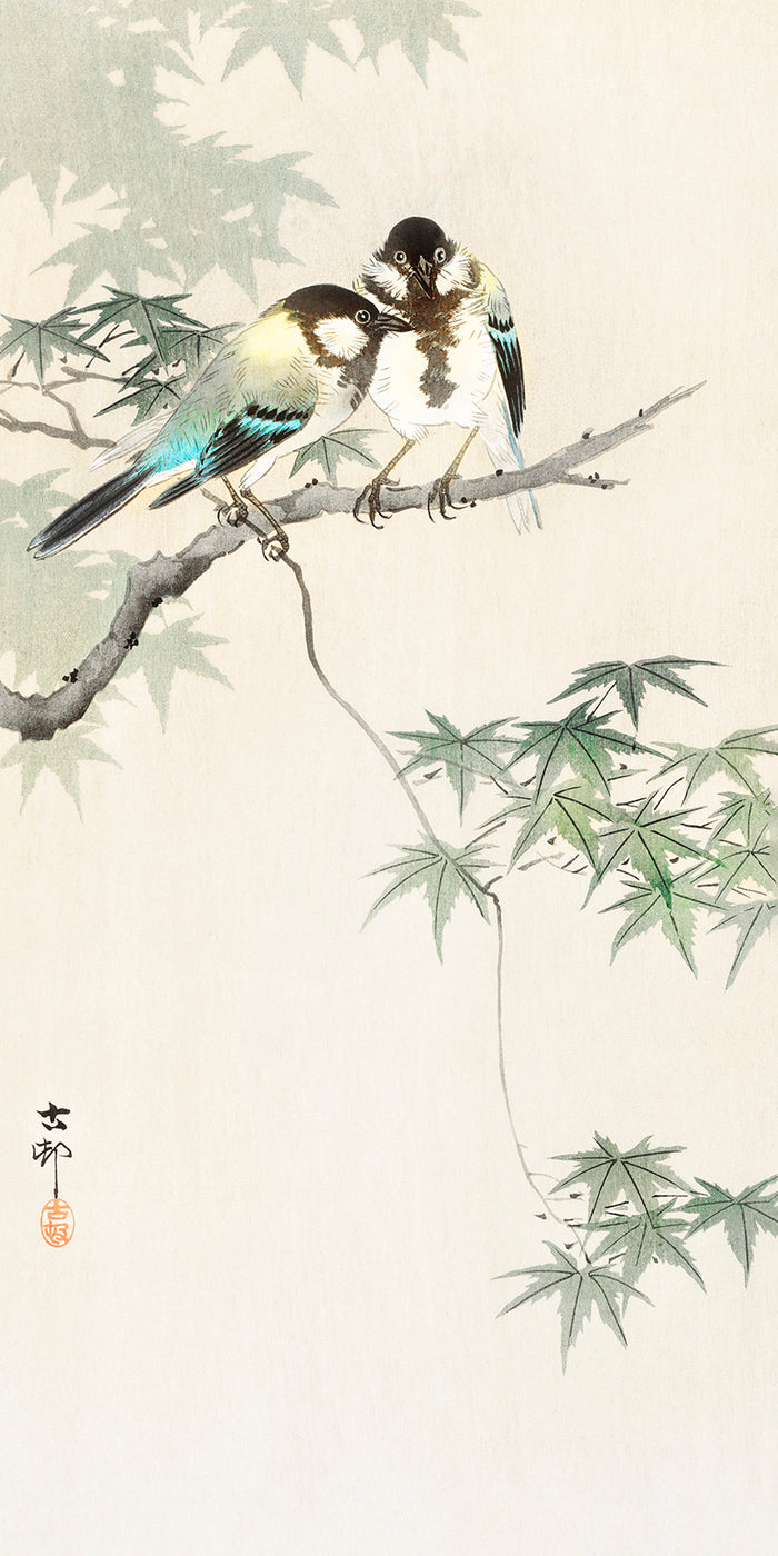 Great tits on maple branch by Ohara Koson