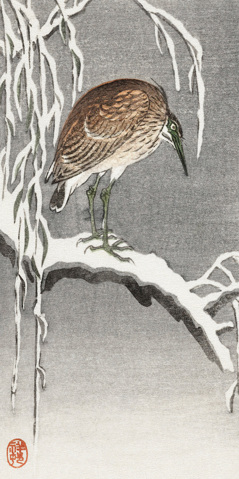 Heron on snowy tree branch by Ohara Koson