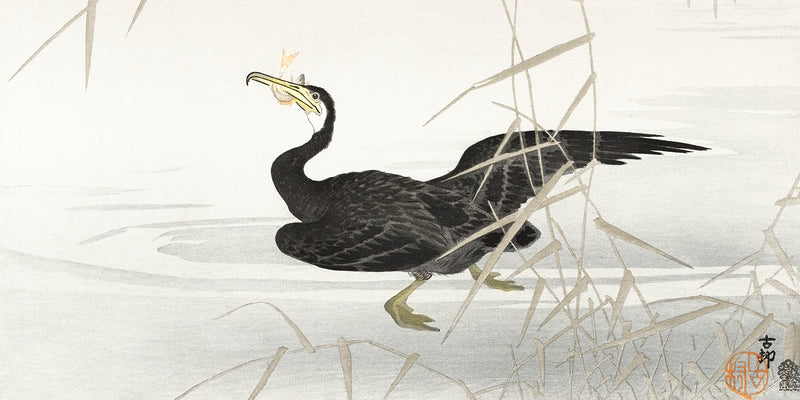 Japanese cormorant catching fish by Ohara Koson