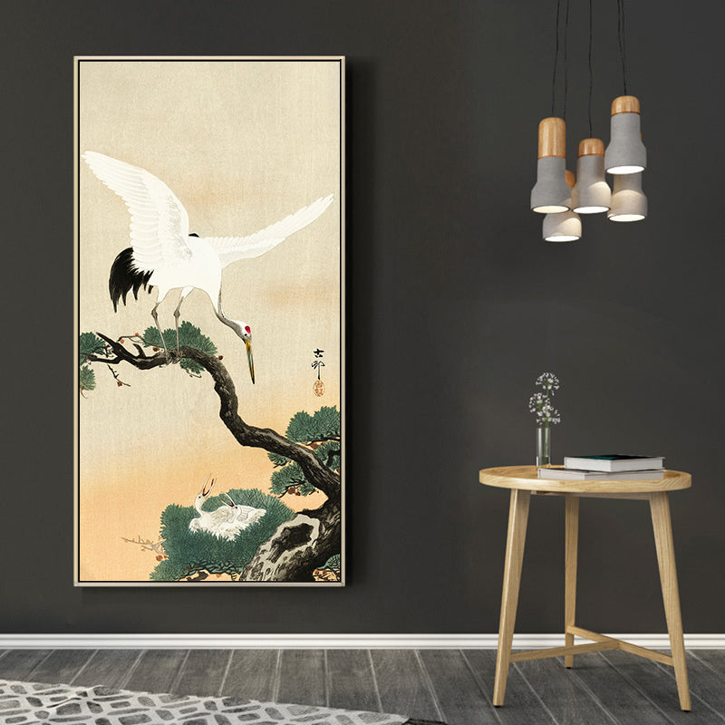 Japanese crane bird on branch of pine by Ohara Koson