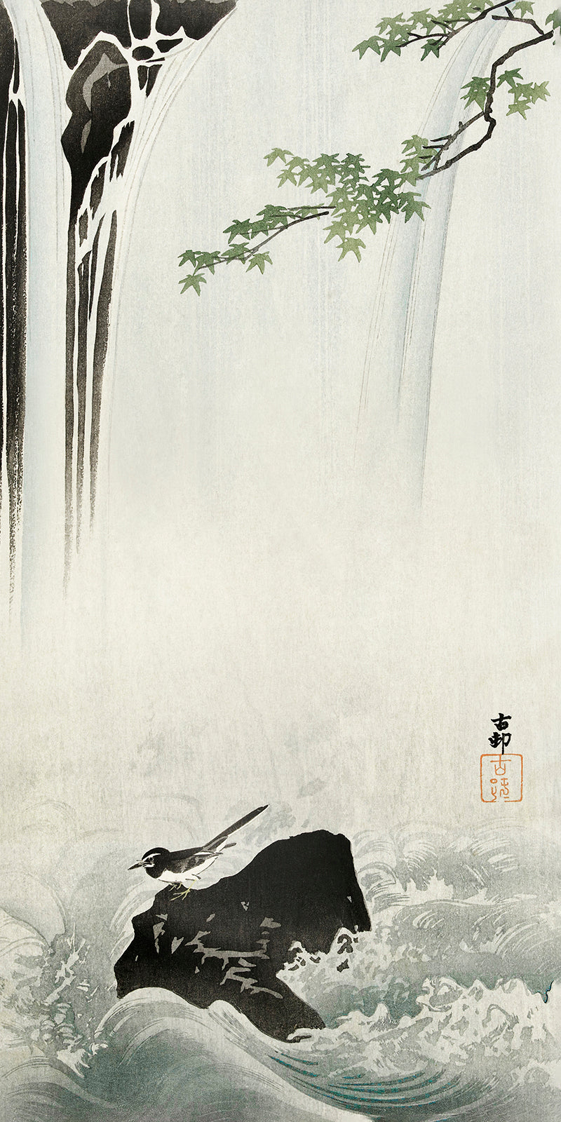 Japanese wagtail at waterfall by Ohara Koson