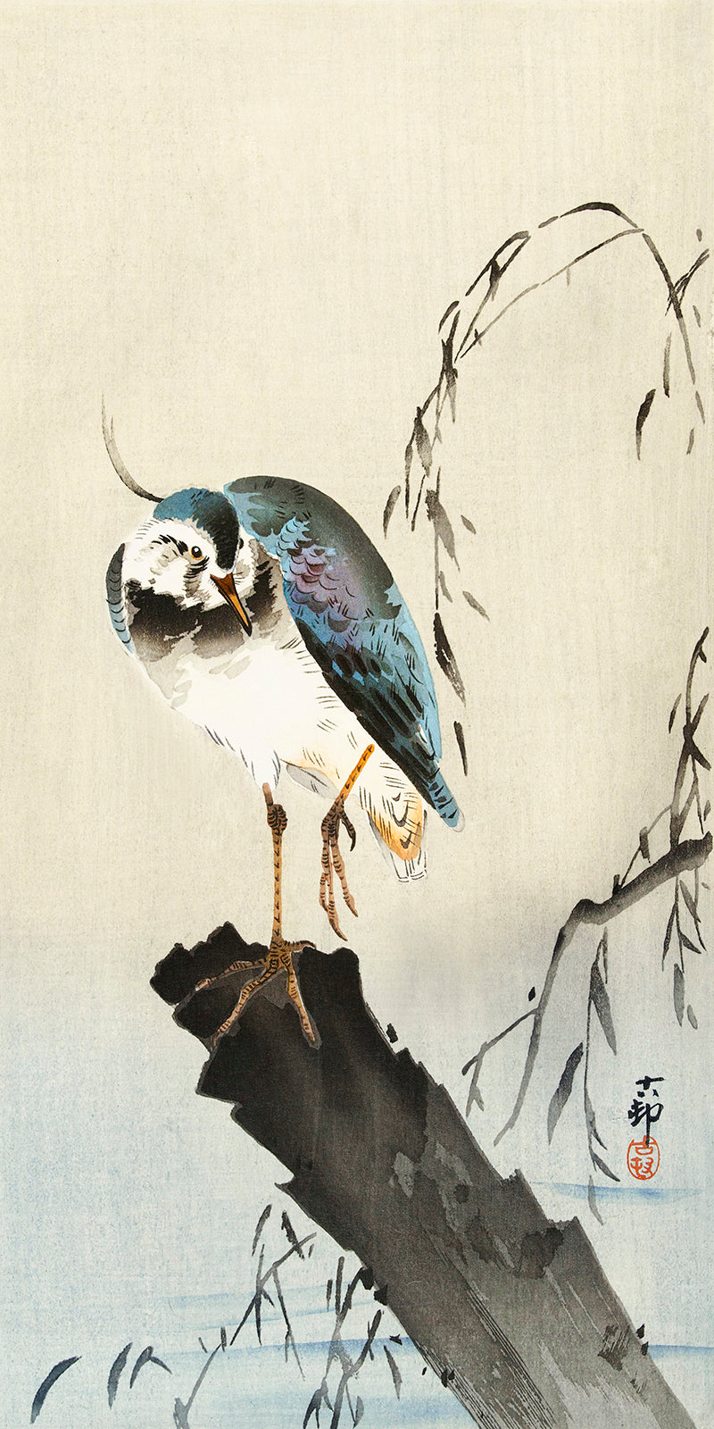 Lapwing on tree stump by Ohara Koson