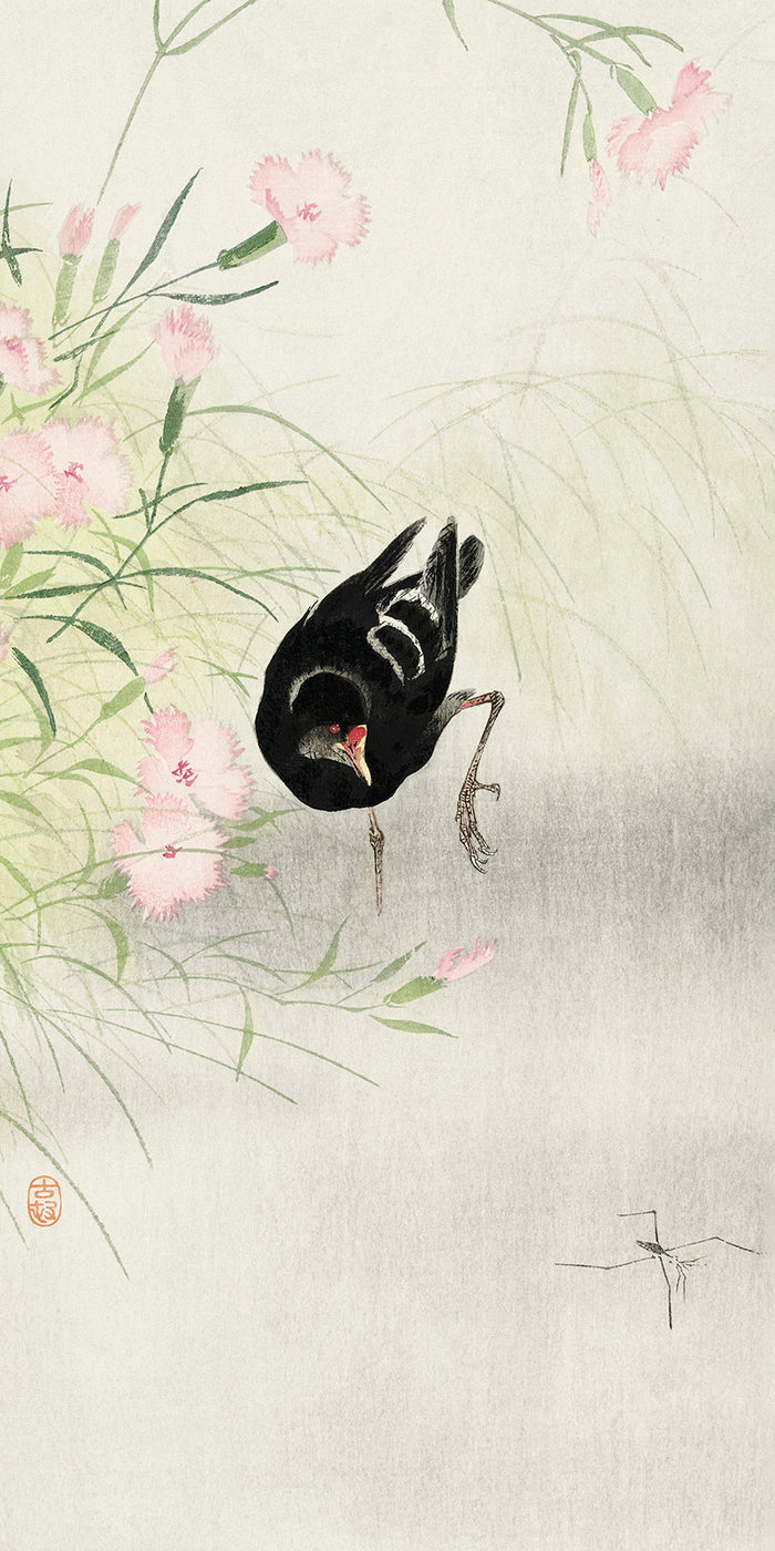 Moorhen at flowering plant  by Ohara Koson