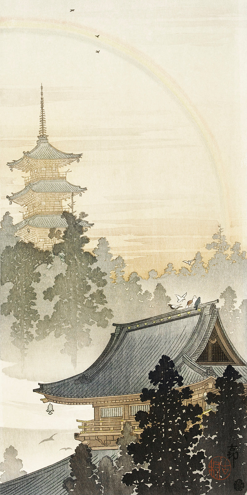 Pagoda and rainbow by Ohara Koson