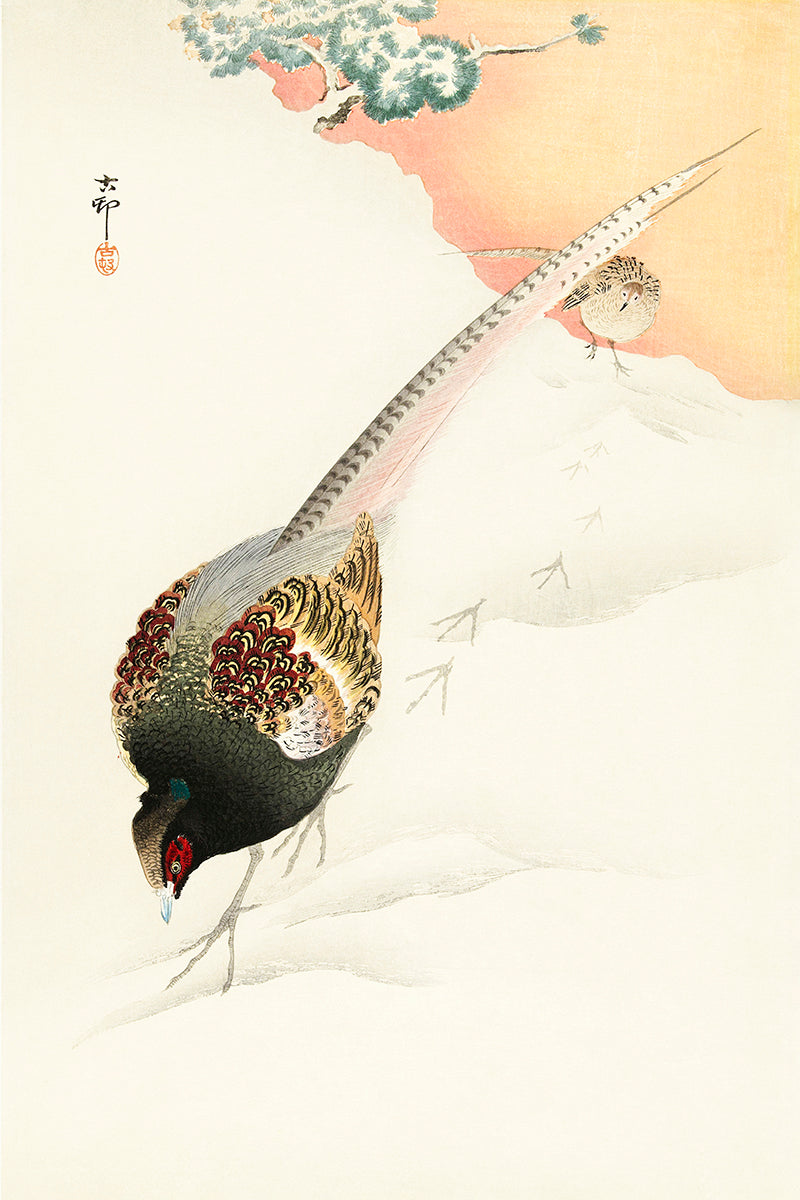 Pheasant couple in the snow by Ohara Koson