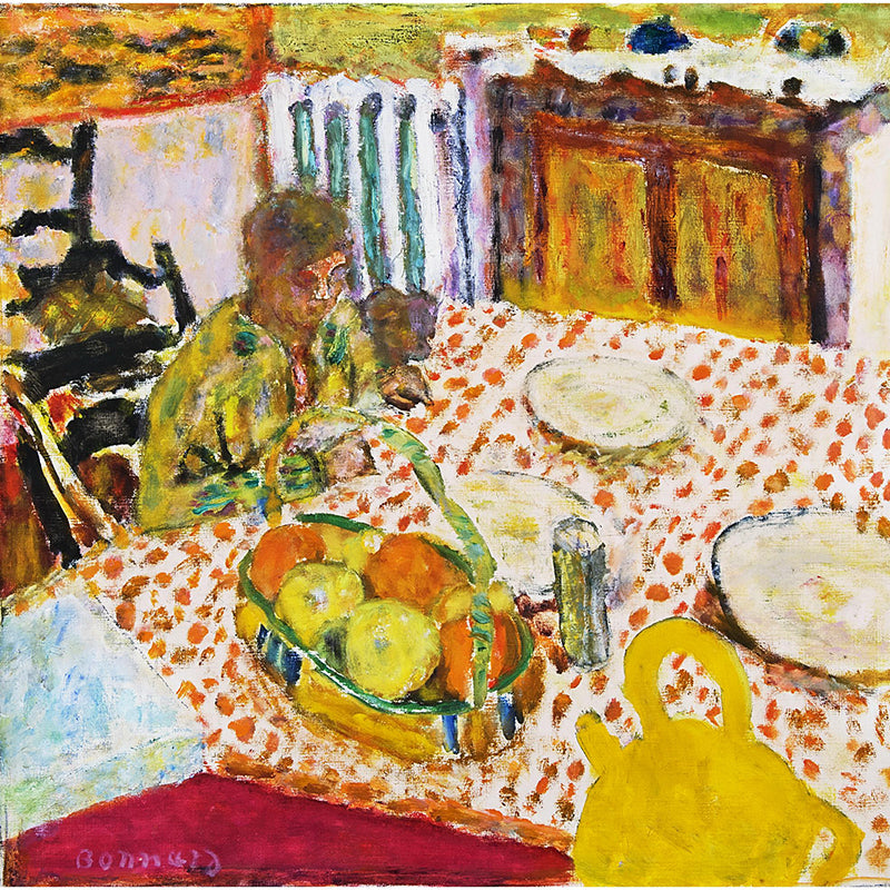 MARTHE ET SON CHIEN ASSISE DEVANT UNE TABLE by Pierre Bonnard