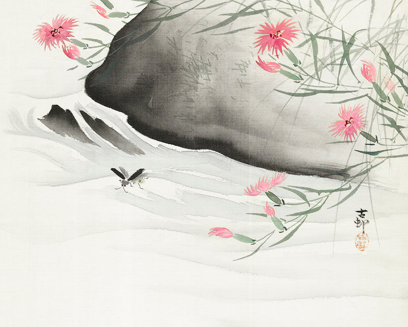 Plants with pink flowers by the river by Ohara Koson