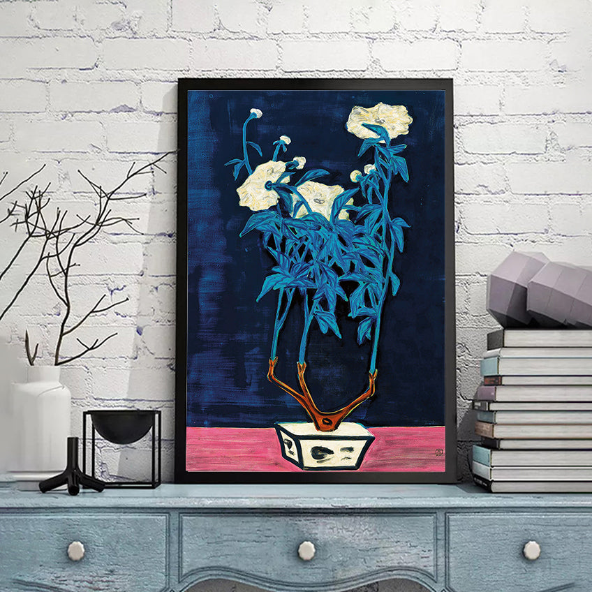 Potted Flowers in a Blue and White Jardiniere by San Yu