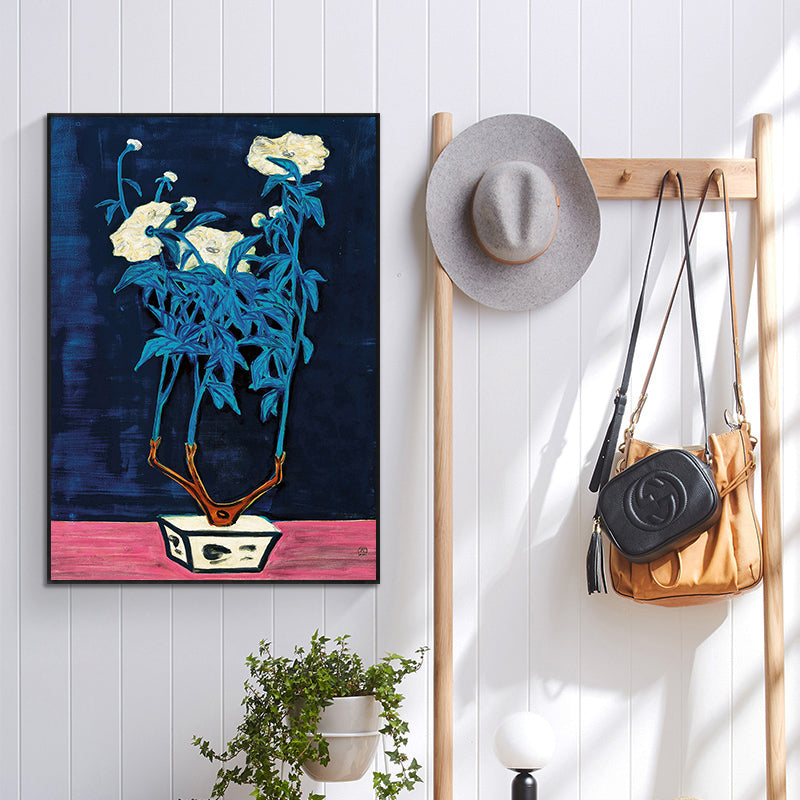 Potted Flowers in a Blue and White Jardiniere by San Yu