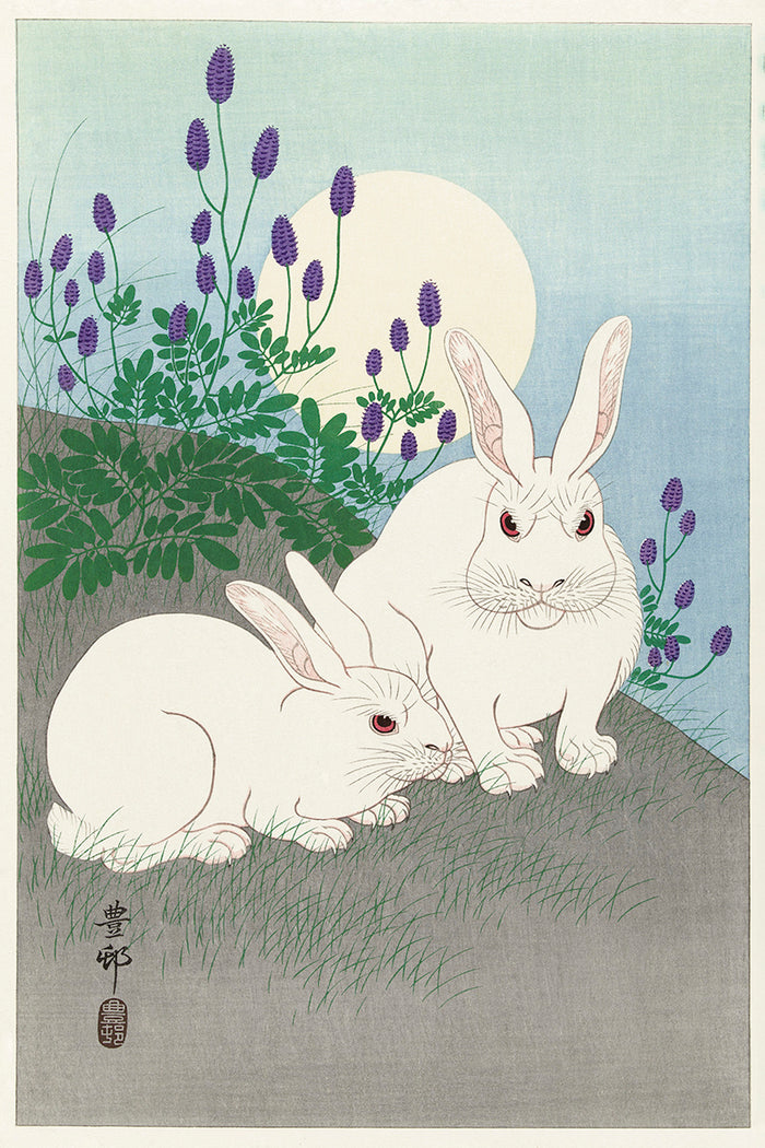 Rabbits at full moon by Ohara Koson